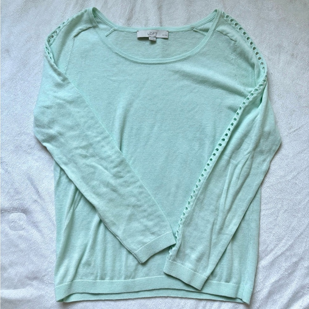 LOFT mint green cotton blend cutout sleeve sweater